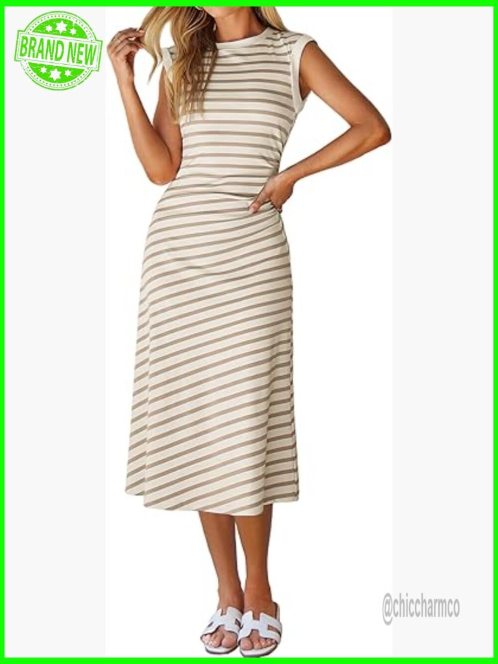 Midi A-Line T-Shirt Dress with Cap Sleeves, Striped Knit, Loose Fit